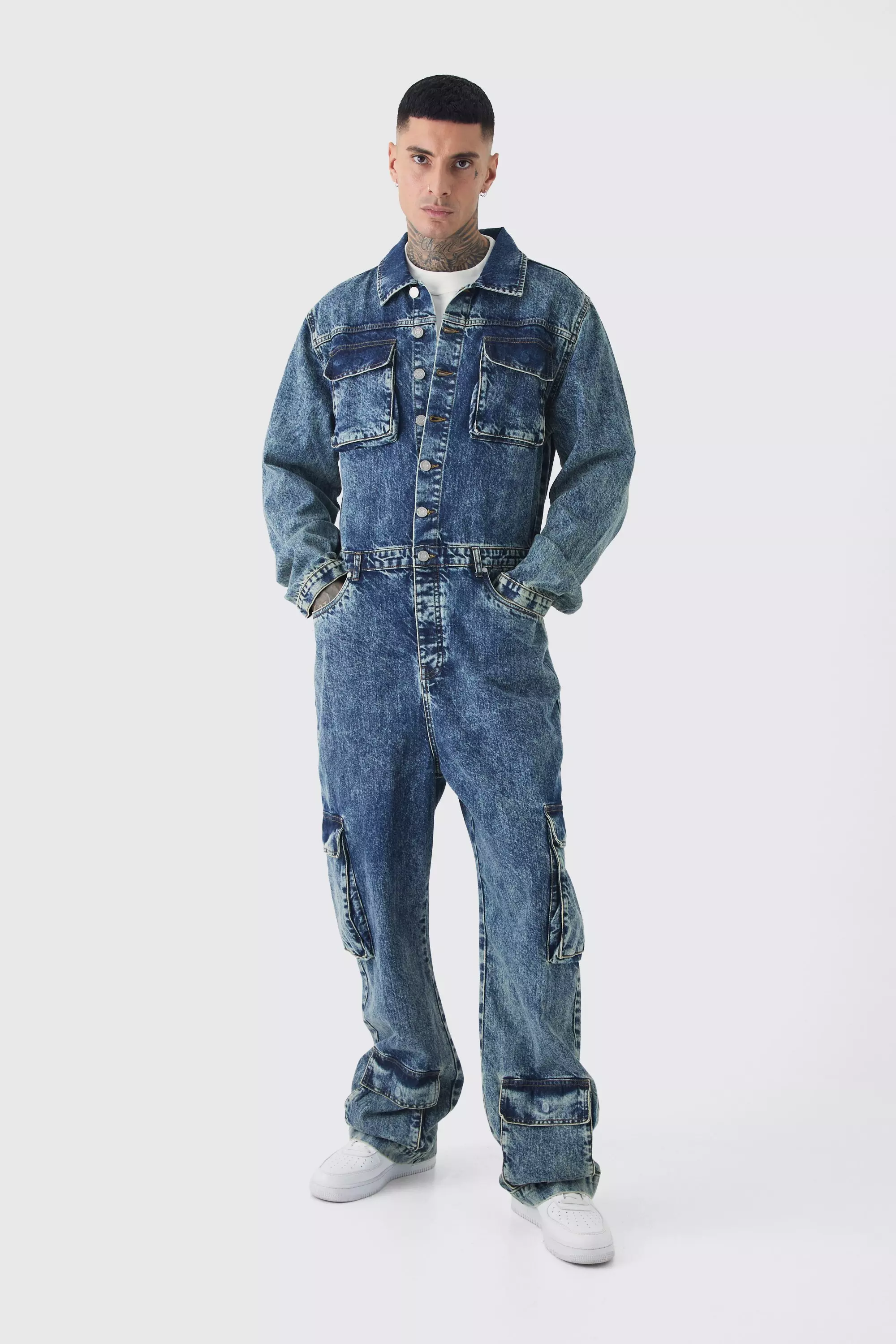Tall Oversized Denim Boilersuit boohooMAN UK